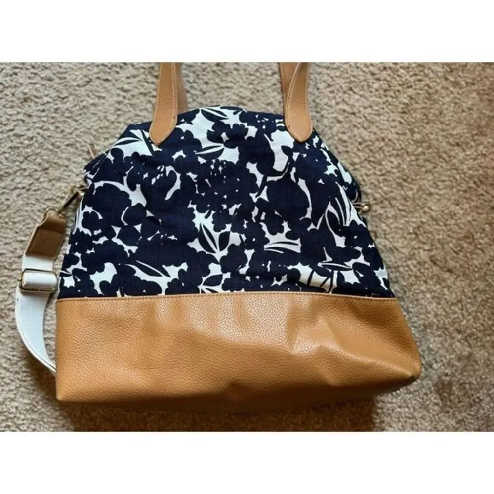 Navy Floral Canvas Tote Bag with Tan Leather Trim and Convertible Shoulder Strap